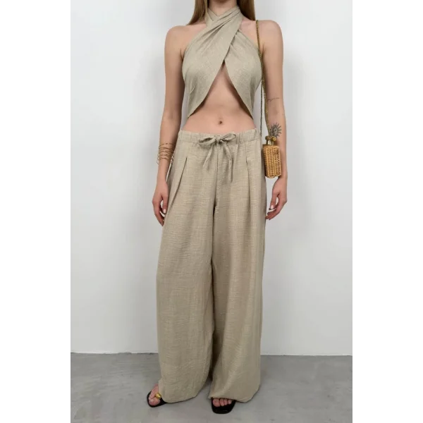 Düşük Bel Oversize Keten Pantolon