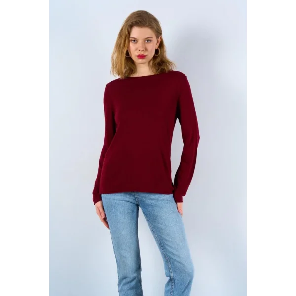 Düz Açık Yaka Kazak  Bordo