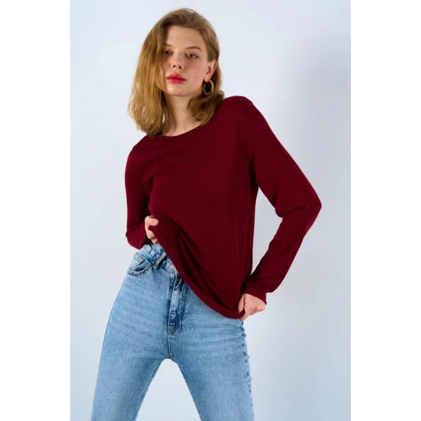 Düz Açık Yaka Kazak  Bordo