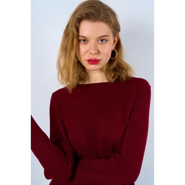 Düz Açık Yaka Kazak  Bordo