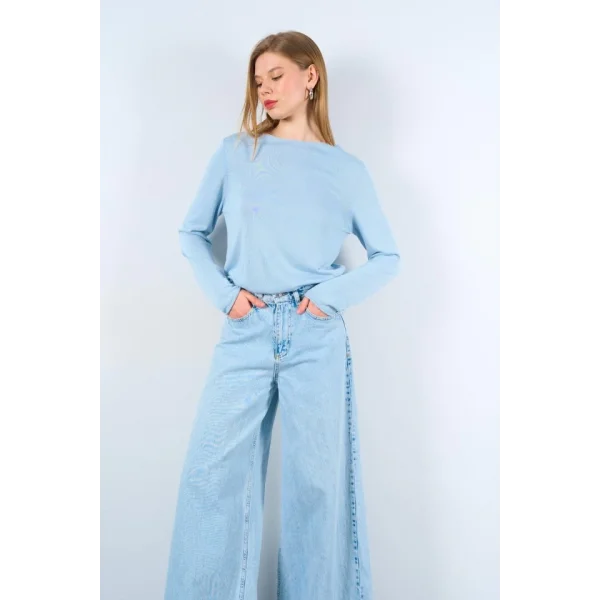 Düz Açık Yaka Kazak - Mavi