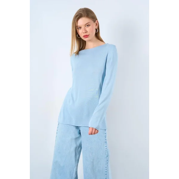 Düz Açık Yaka Kazak - Mavi