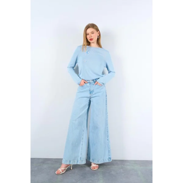 Düz Açık Yaka Kazak - Mavi