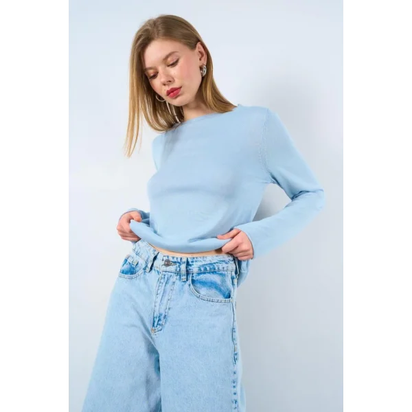 Düz Açık Yaka Kazak - Mavi