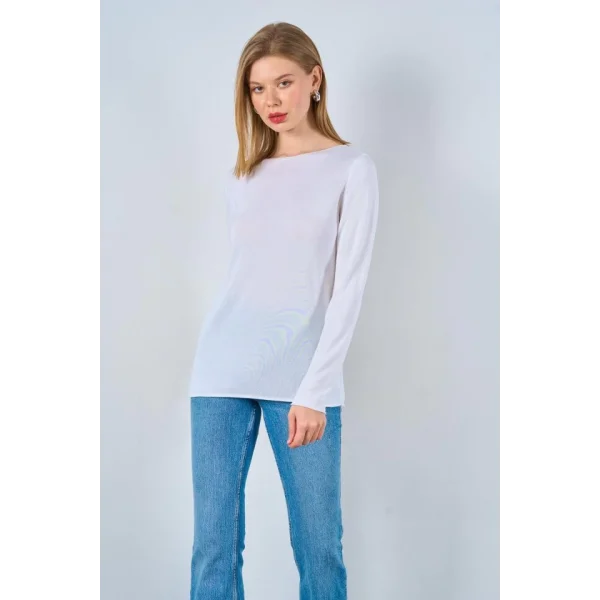 Düz Açık Yaka Kazak  Optik Beyaz