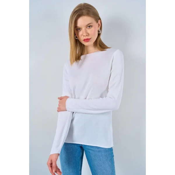 Düz Açık Yaka Kazak  Optik Beyaz