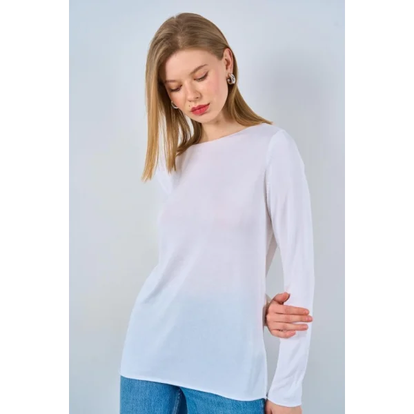 Düz Açık Yaka Kazak  Optik Beyaz