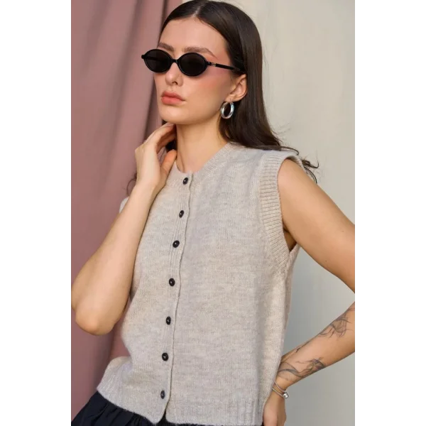 Düz Düğmeli Yelek  Açık Bej