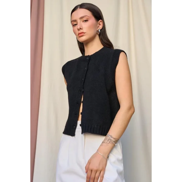Düz Düğmeli Yelek  Siyah