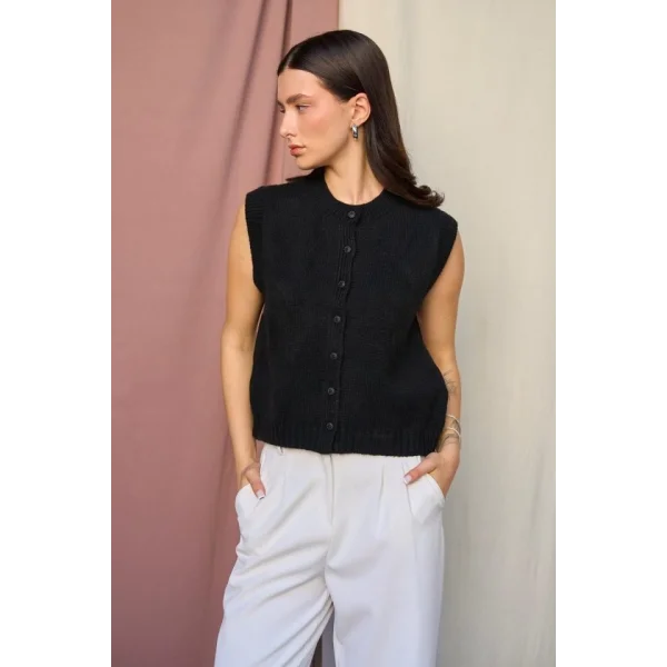 Düz Düğmeli Yelek  Siyah