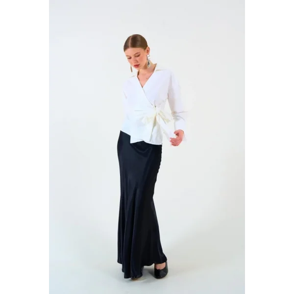 Düz Yandan Bağlamalı Gömlek - Ekru