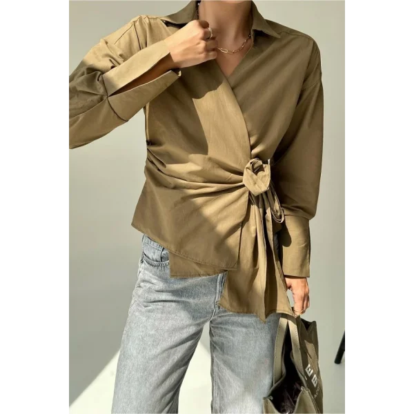 Düz Yandan Bağlamalı Gömlek - KAHVE