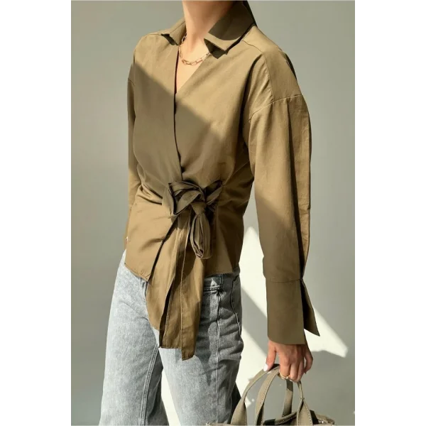 Düz Yandan Bağlamalı Gömlek - KAHVE