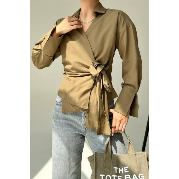 Düz Yandan Bağlamalı Gömlek - KAHVE