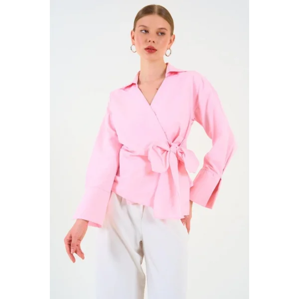 Düz Yandan Bağlamalı Gömlek - Pembe