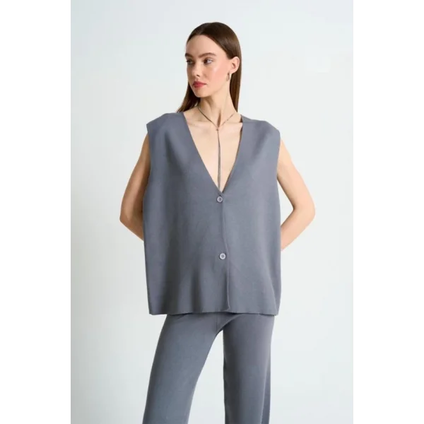 Düz Yelekli Pantolonlu Takım  Gri