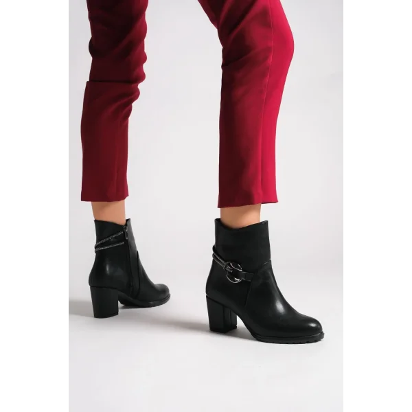 EDNA Fermuarlı Ortopedik Taban Taşlı Topuklu Kadın Bot CST - Siyah