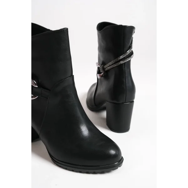 EDNA Fermuarlı Ortopedik Taban Taşlı Topuklu Kadın Bot CST - Siyah