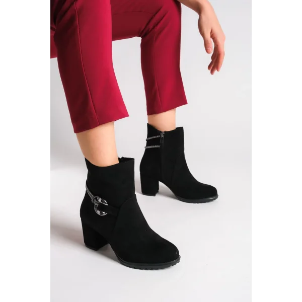 EDNA Fermuarlı Ortopedik Taban Taşlı Topuklu Süet Kadın Bot SST - Siyah