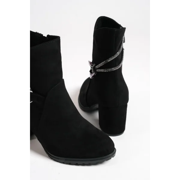 EDNA Fermuarlı Ortopedik Taban Taşlı Topuklu Süet Kadın Bot SST - Siyah