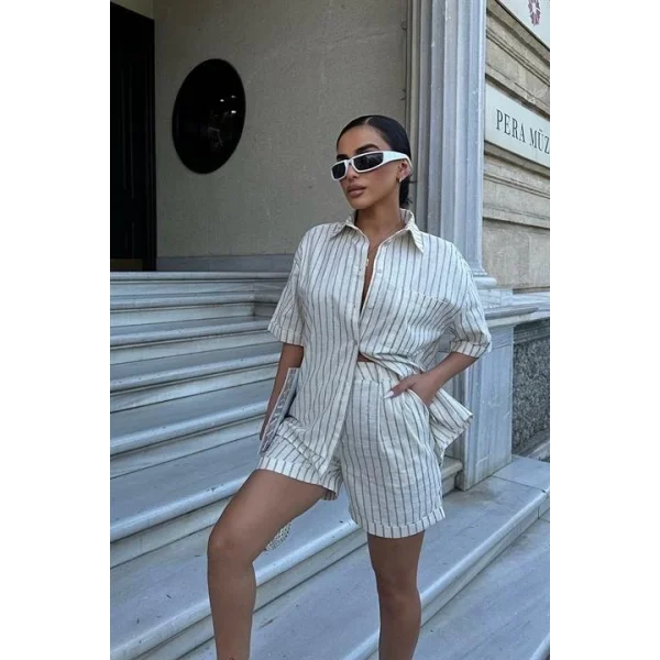 Eirene Çizgili Şort Takım 9822-0025