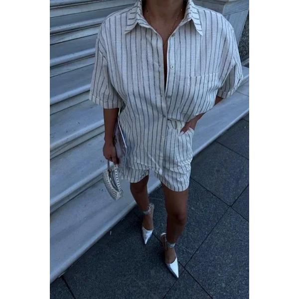 Eirene Çizgili Şort Takım 9822-0025