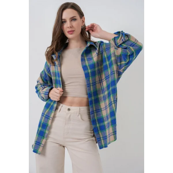 Ekose Desen Oversize Oduncu Gömlek 3854 Mavi Gri