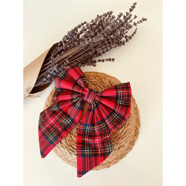 Ekose Motifli Kız Çocuk Fiyonk Tokası - Kırmızı