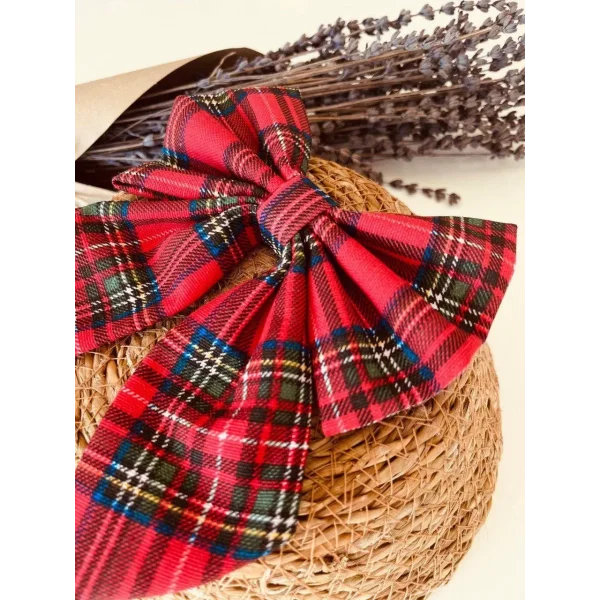 Ekose Motifli Kız Çocuk Fiyonk Tokası - Kırmızı