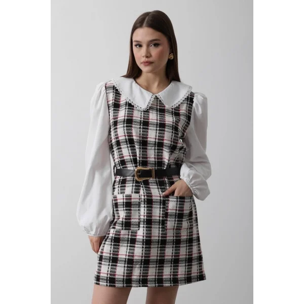 Ekoseli Gömlek Detaylı Elbise  iyah