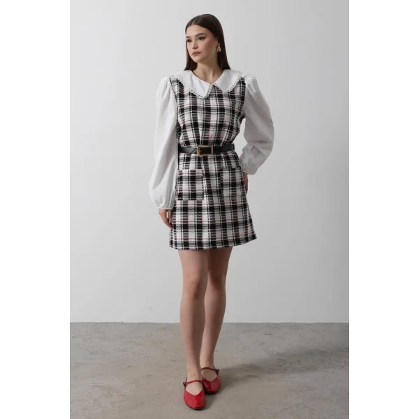 Ekoseli Gömlek Detaylı Elbise  iyah