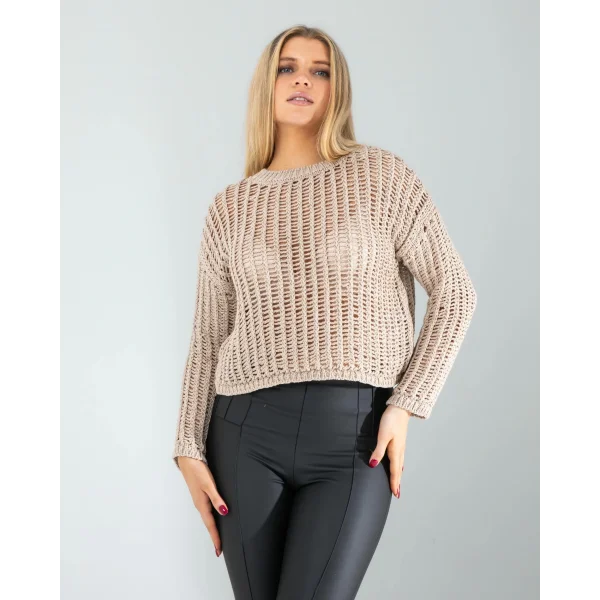 Ekru Ajurlu Simli Triko Kazak