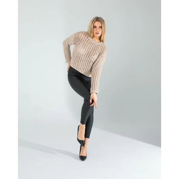 Ekru Ajurlu Simli Triko Kazak