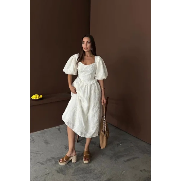 Ekru Balon Kollu Dantelli Brode Elbise