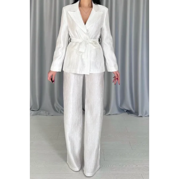 Ekru Beli Kuşaklı Ceket Ve Pantolon Parlak Takım