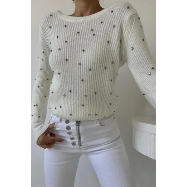 Ekru Boncuklu Triko Kazak