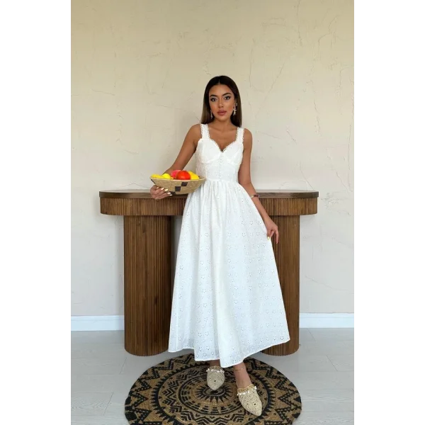 Ekru Dantel Detaylı Askılı Elbise