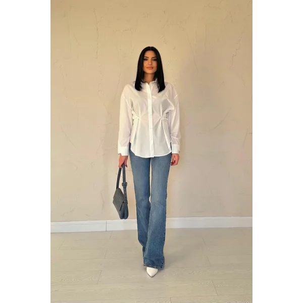 Ekru Düğme Detaylı Gömlek