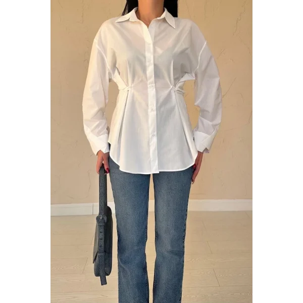 Ekru Düğme Detaylı Gömlek