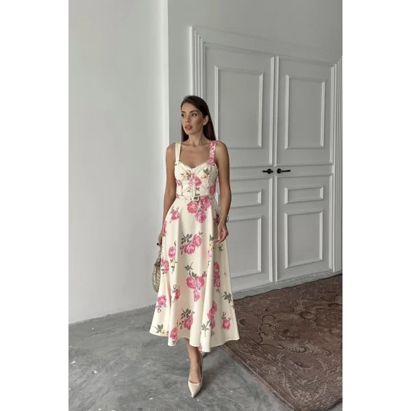 Ekru İnce Kemer Detaylı Elbise