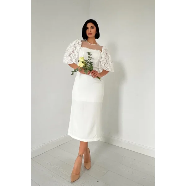 Ekru İncili Tül Detay Elbise