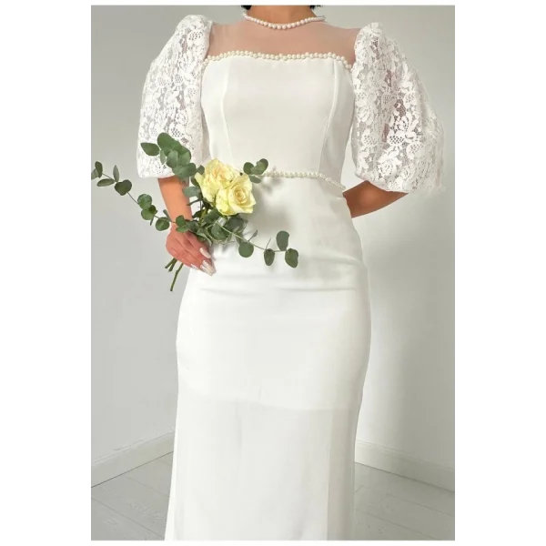 Ekru İncili Tül Detay Elbise