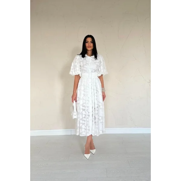 Ekru Kemerli Balon Kollu Elbise