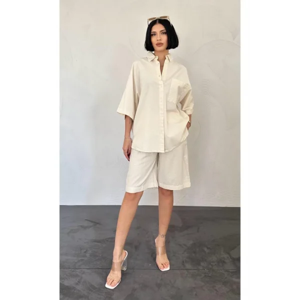 Ekru Kısa Kollu Keten Gömlek Ve Şort Takım