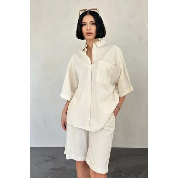 Ekru Kısa Kollu Keten Gömlek Ve Şort Takım