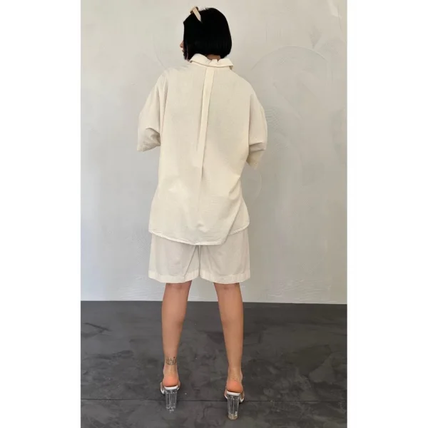 Ekru Kısa Kollu Keten Gömlek Ve Şort Takım