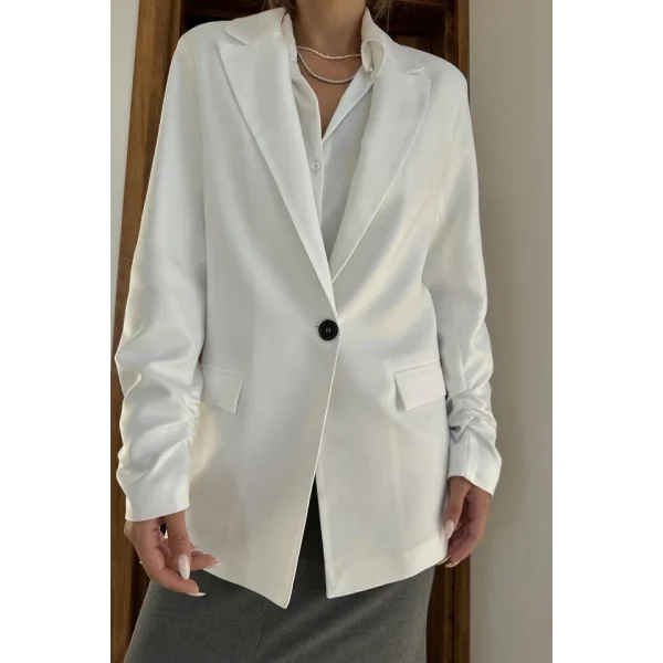 Ekru Kol Ucu Büzgülü Atlas Ceket