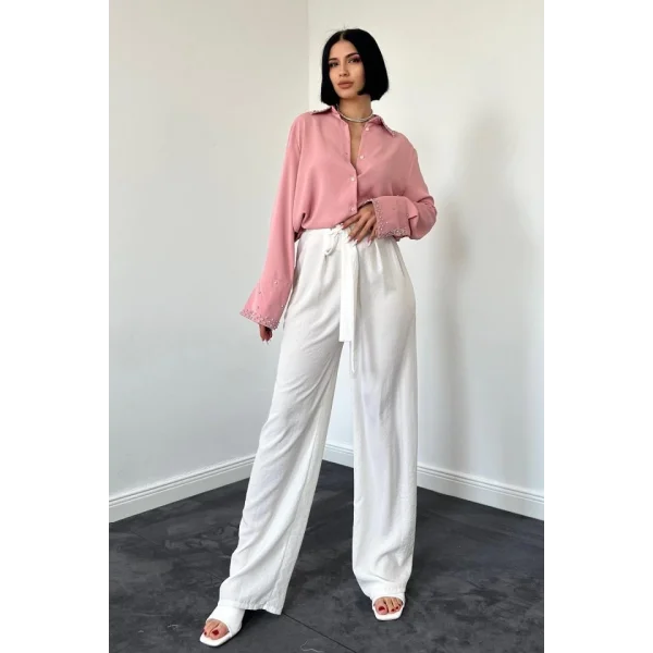 Ekru Kuşaklı Pantolon