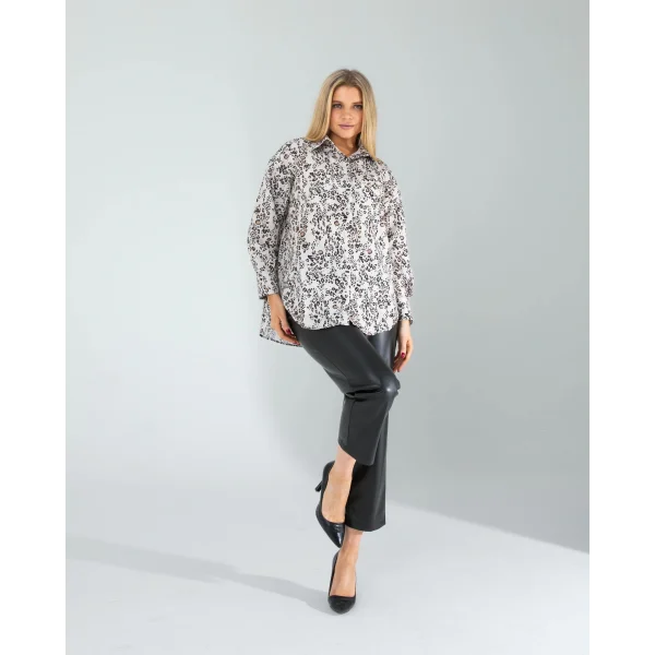 Ekru Leopar Desen Gömlek