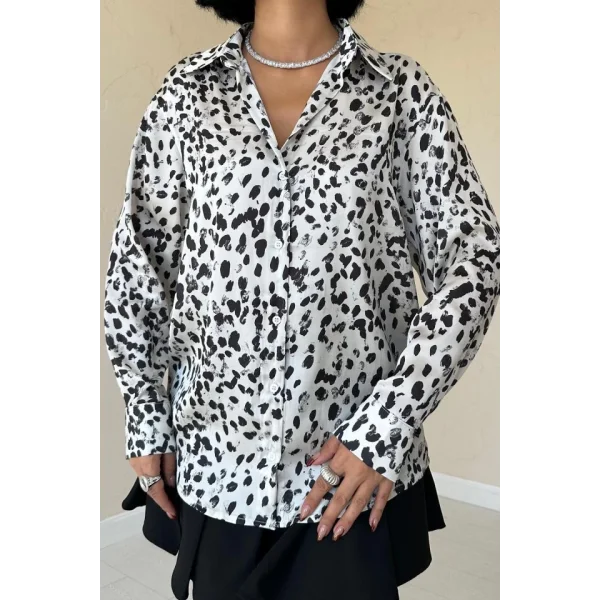 Ekru Leopar Desenli Saten Gömlek